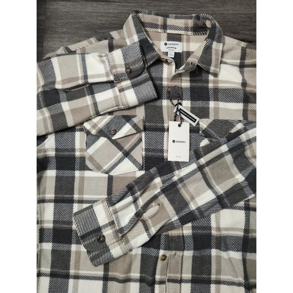 Sperry Premium Apparel Men's Plaid Flannel Button Up Shirt Tan Grey L